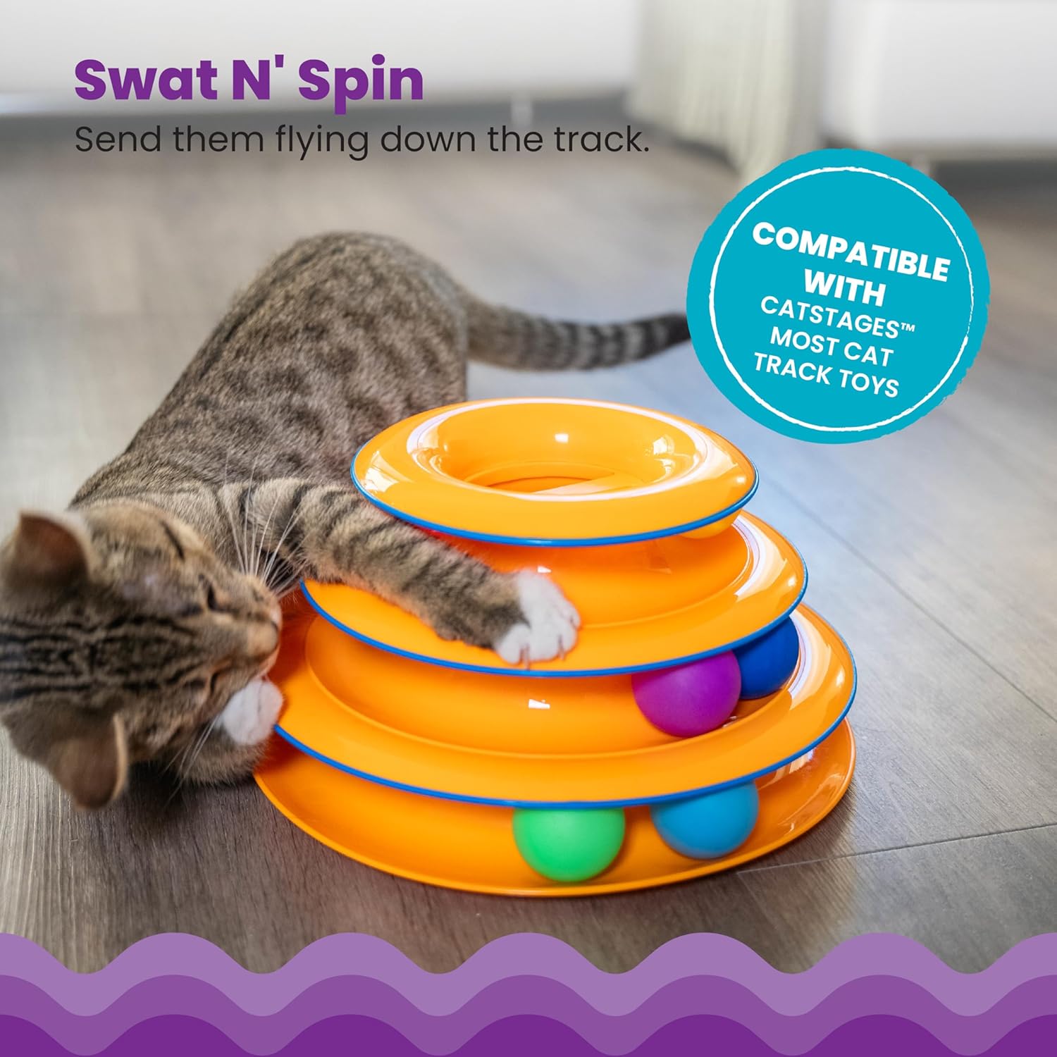 Pista interactiva de tres niveles para gato con bolas giratorias color naranja