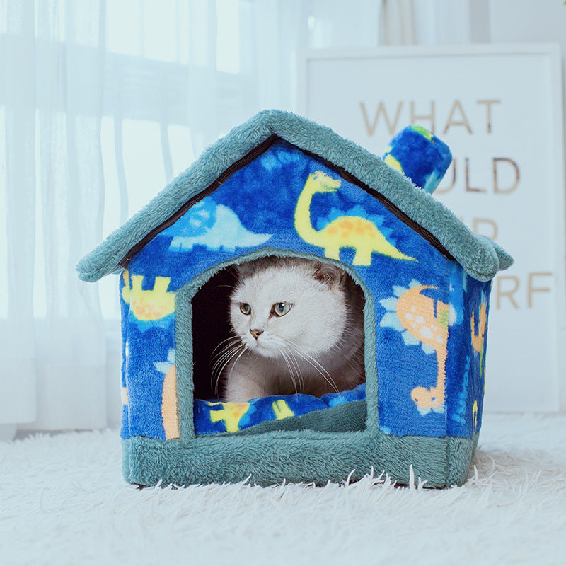 Casa para mascotas perros y gatos cuatro estaciones, diseño con dinosaurios