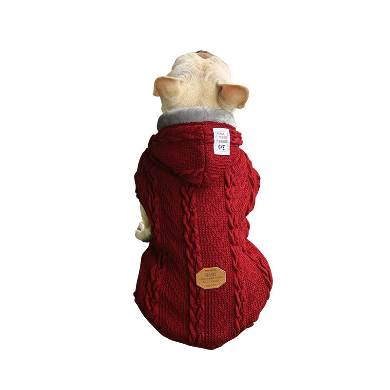 Chaqueta de lana con capucha para perro color rojo vista trasera