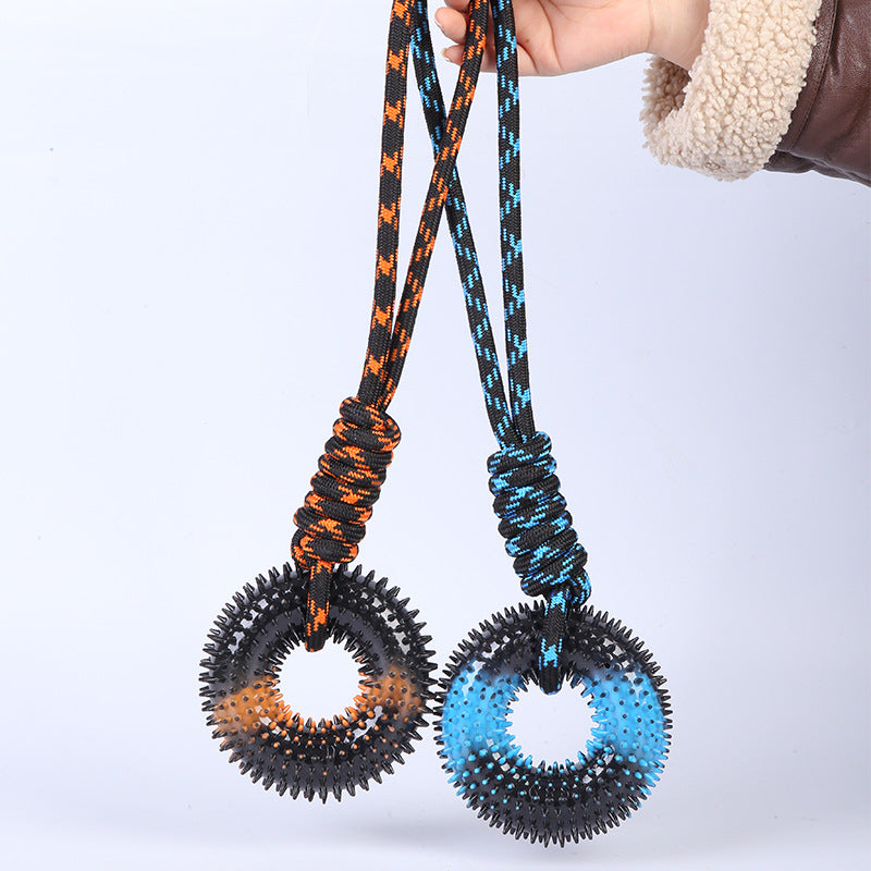 Juguete para Perro Mascota Anillo con Puas Flexibles y Cuerda de Nudo para Estirar con la Mano.
