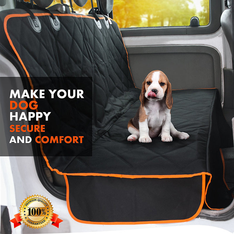 Alfombrilla protectora impermeable para perro en coche color negro y naranja en asientos traseros