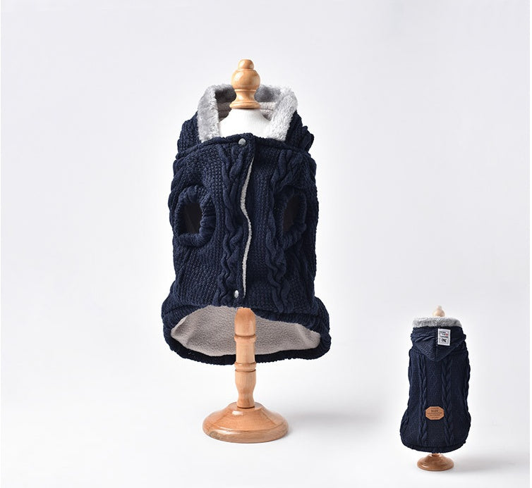 Chaqueta de lana con capucha para perro color azul vista frontal y trasera