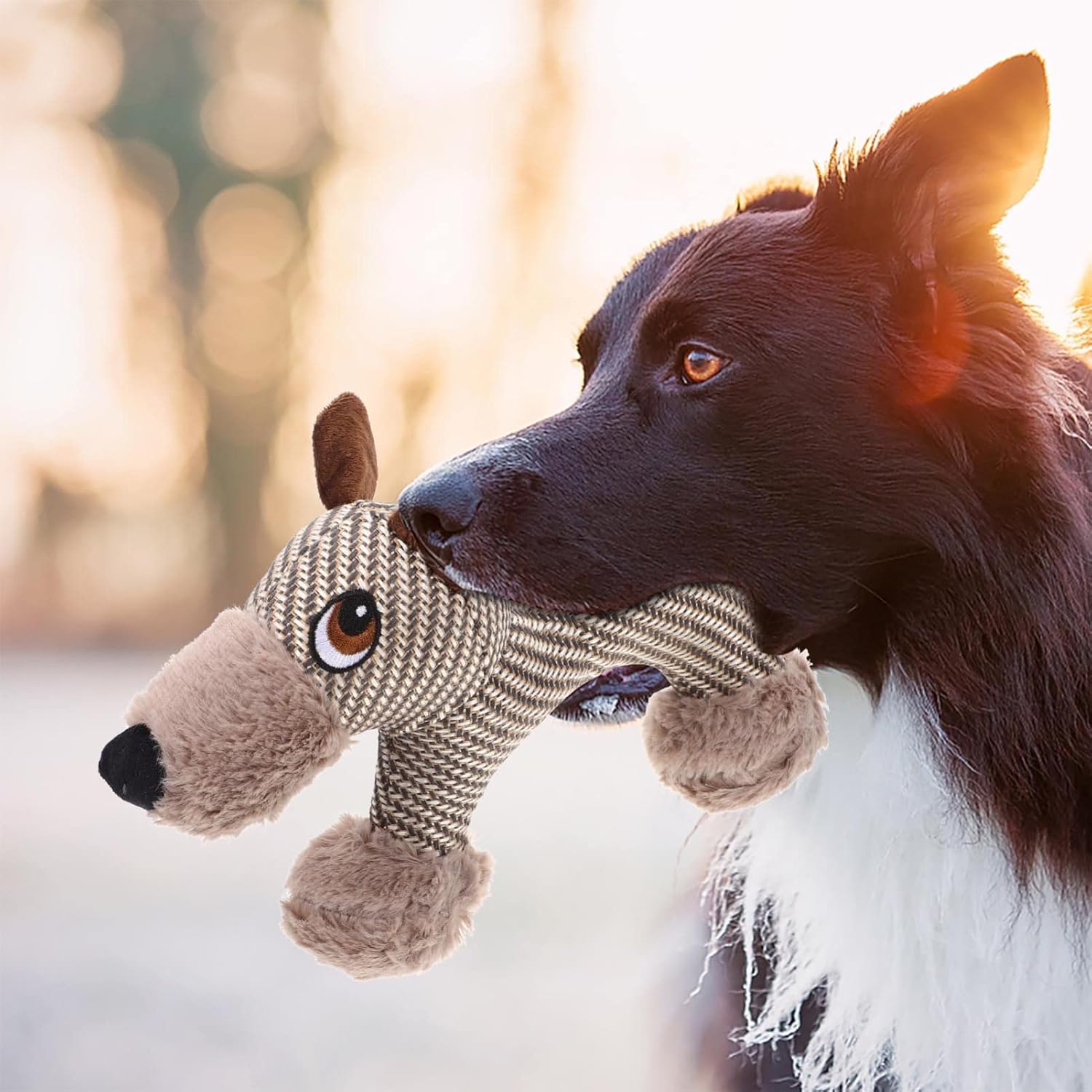 Perro con el juguete mordedor de peluche para perro con sonido chirriante