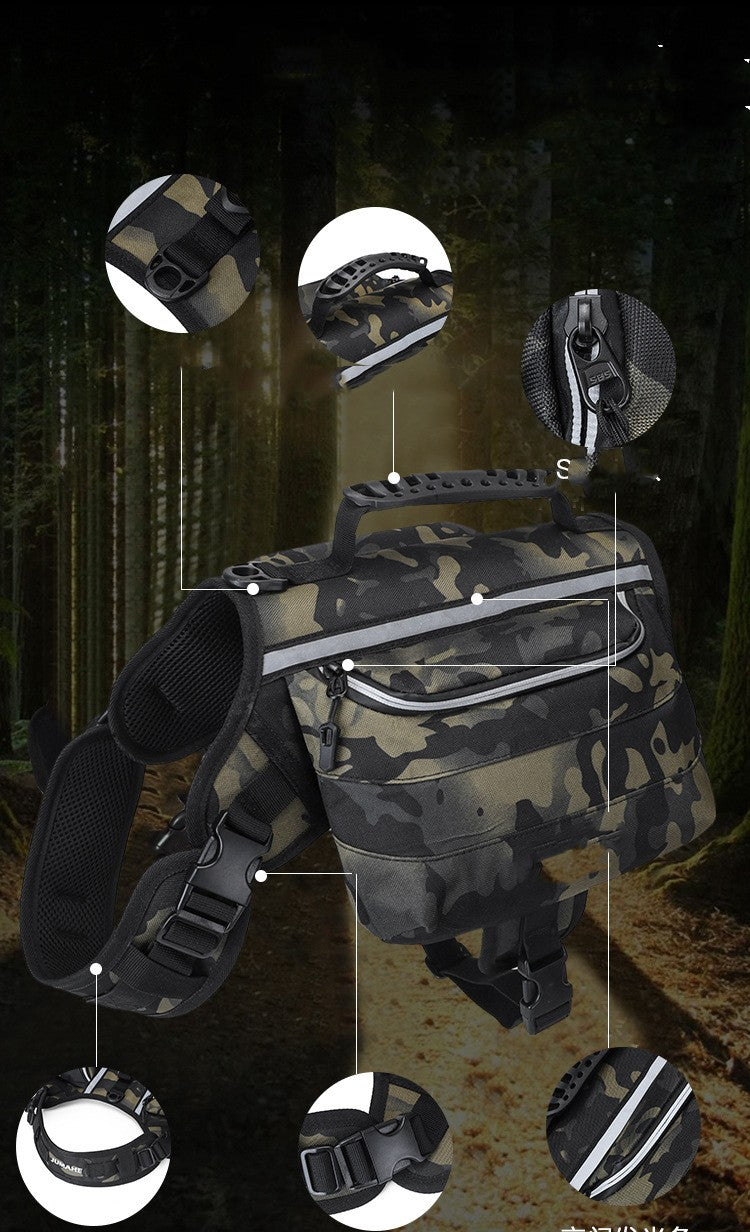 Visualizacion detalles Arnés táctico con bolsos laterales para perro color camo 