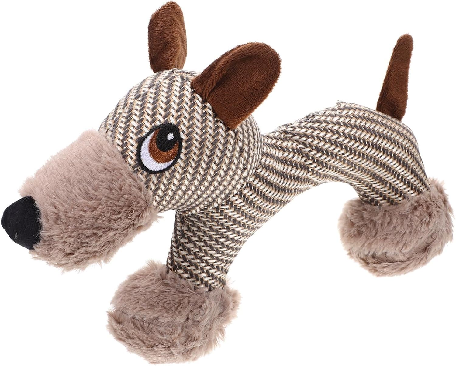 Vista en detalle juguete mordedor de peluche para perro con sonido chirriante