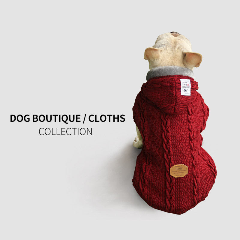 Chaqueta de lana con capucha para perro color rojo vista trasera