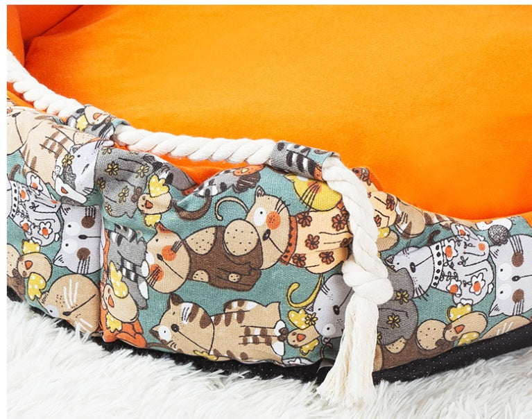 Detalle de cerca de cama acolchada redonda para mascota extraíble