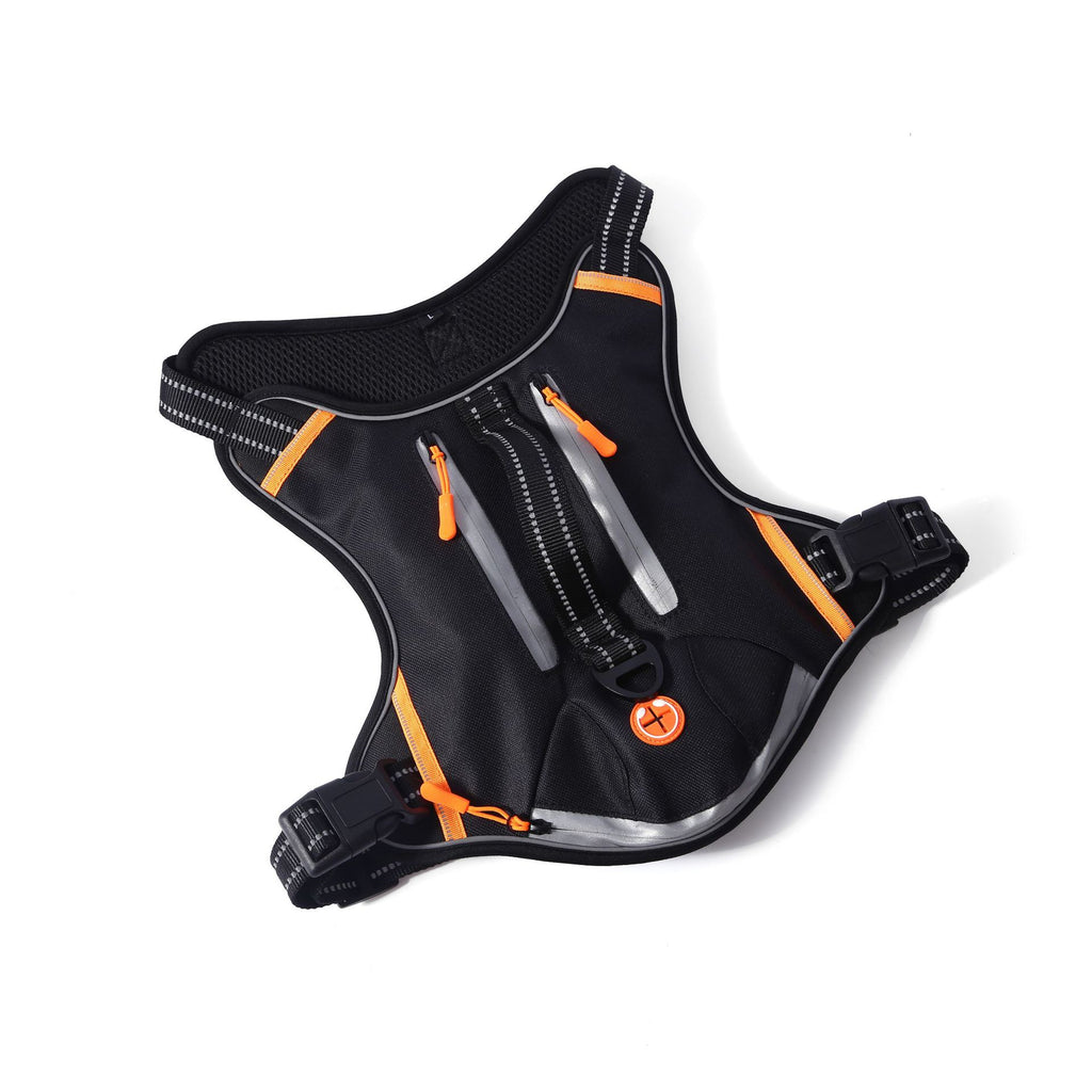 Vista frontal arnes color negro con reflectante y asa y argolla de sujecion