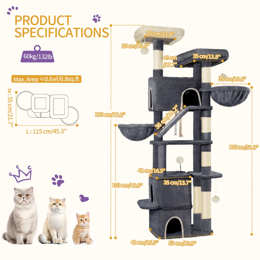 Árbol para gatos Hzuaneri de 185 cm, torre grande para gatos de interior, mueble para casa de gatos con 2 plataformas, 3 casitas y 6 postes rascadores.