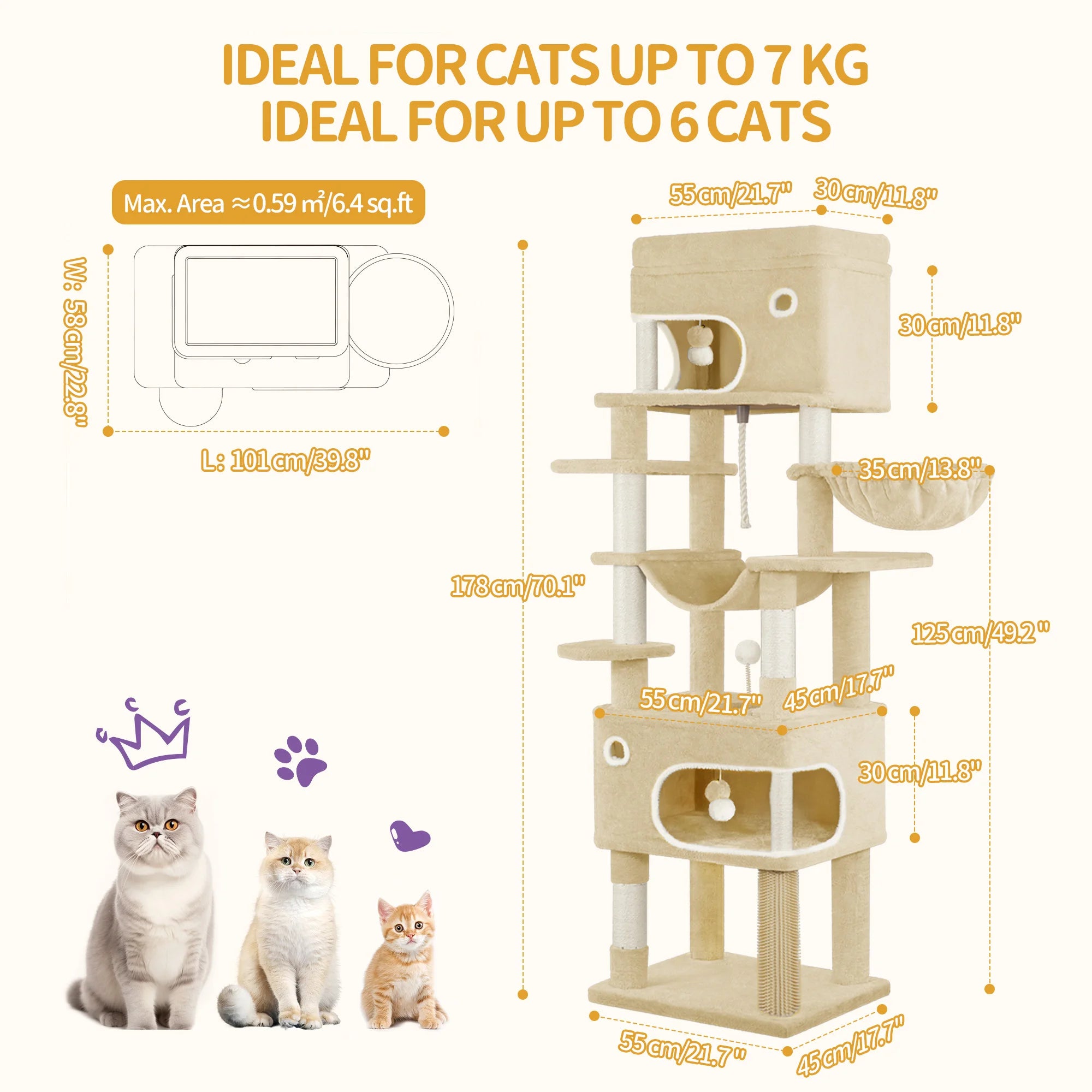 Arbol rascador para gatos,de 178 cm de altura