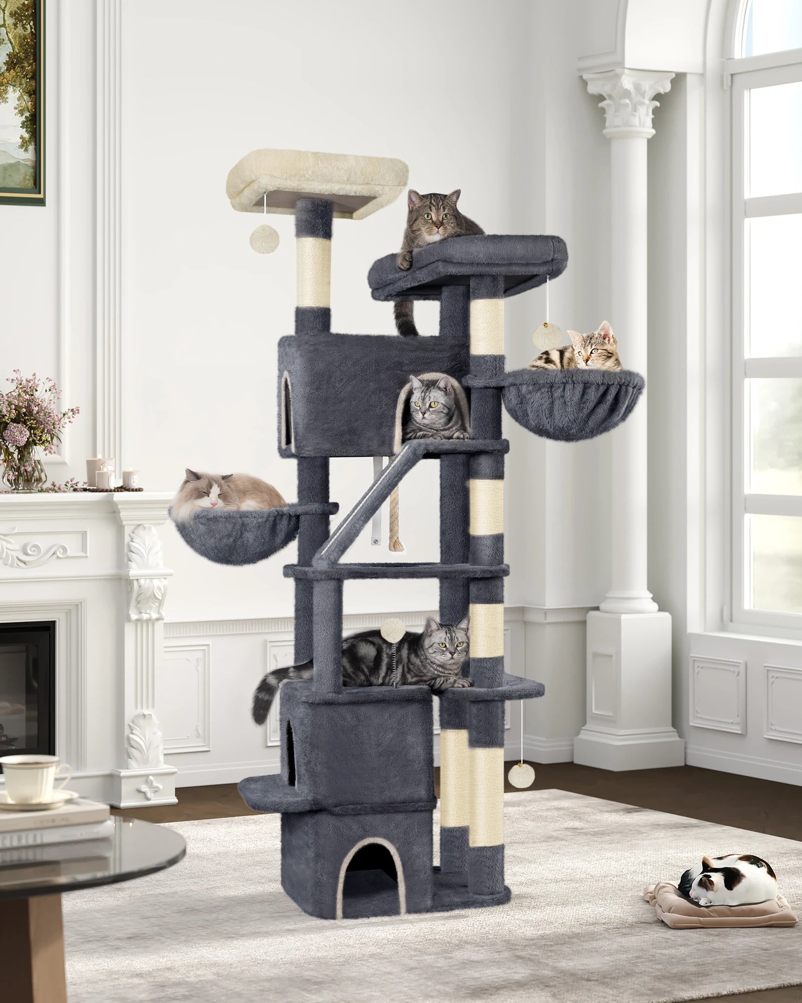 Árbol para gatos Hzuaneri de 185 cm, torre grande para gatos de interior, mueble para casa de gatos con 2 plataformas, 3 casitas y 6 postes rascadores.