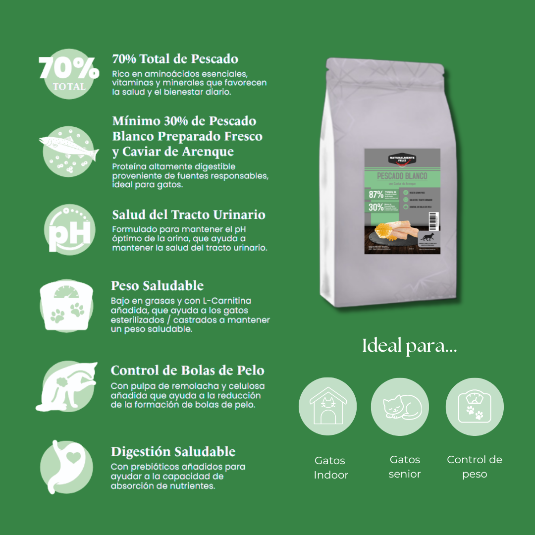 Pienso Gato de Pescado Blanco y Caviar de Arenque 100% Natural: 1,5kg La Mejor Opción Bienestar y Salud para tu Gato
