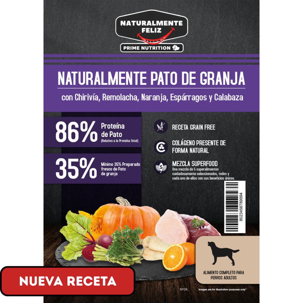 Naturalmente Pienso Perro, Pato de Granja con Super Alimentos - 6 Kg Pienso Seco para Razas Medianas / Grandes
