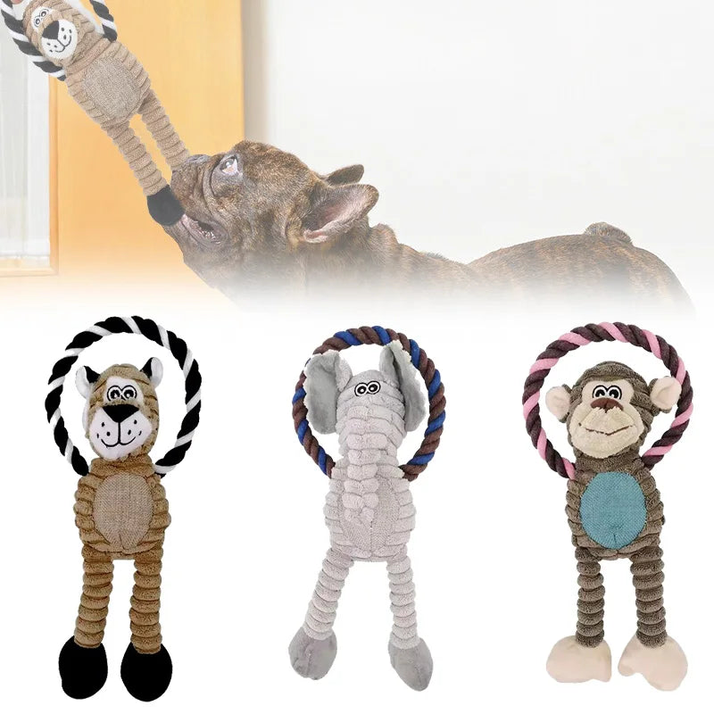 Juguetes de peluche para perros, juguetes chirriantes con forma de león, elefante y mono