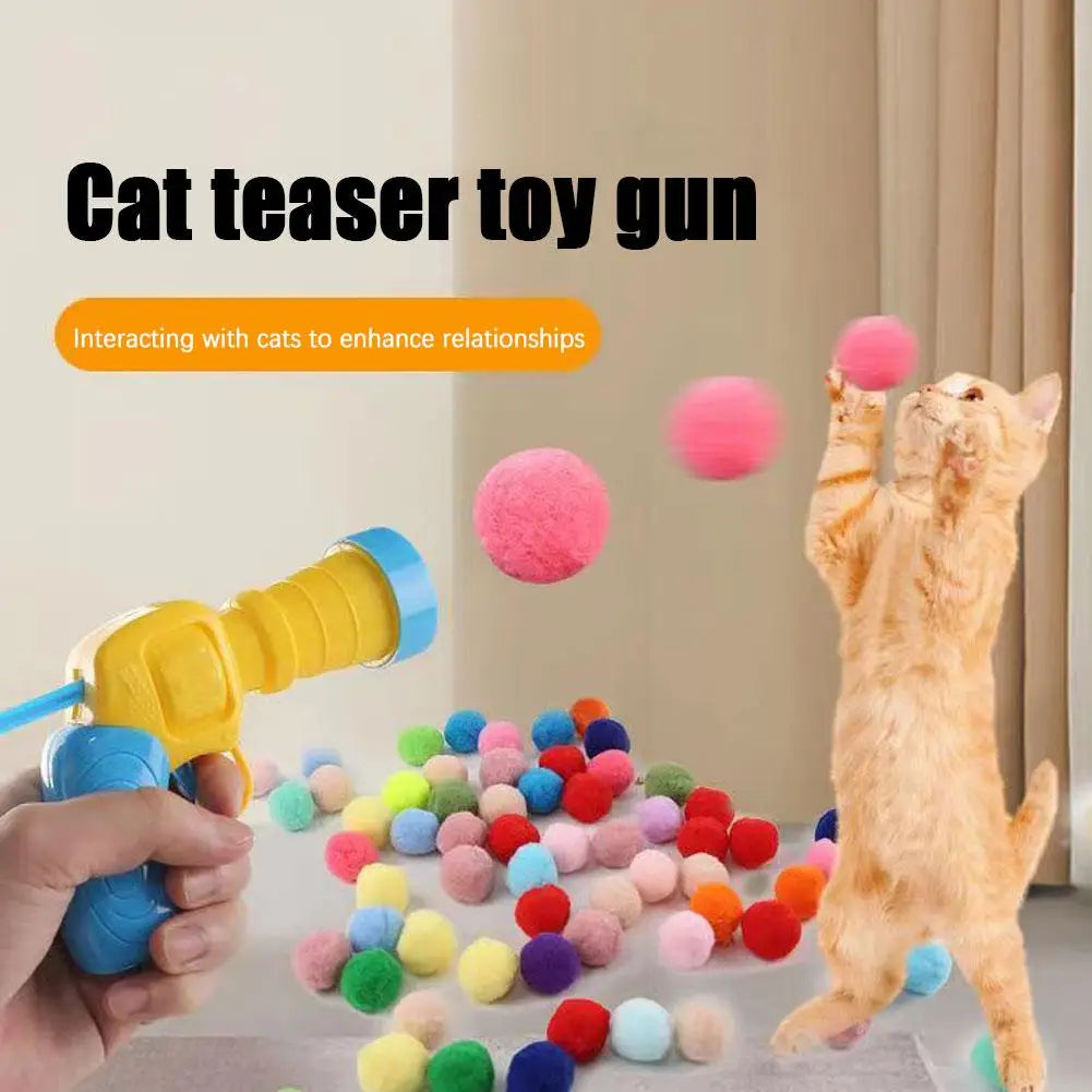 Juguete interactivo de lanzamiento para gatos con 20 pelotas para entrenamiento. Mini pistola de tiro para gatitos. Pelotas de peluche elásticas para mascotas.
