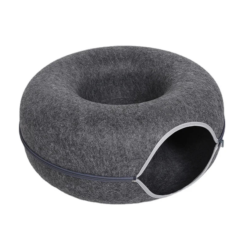 Cama para gatos con forma de donut para 2 gatos, túnel para gatos, juguetes interactivos para gatitos, nido tipo cueva de conejo de fieltro natural