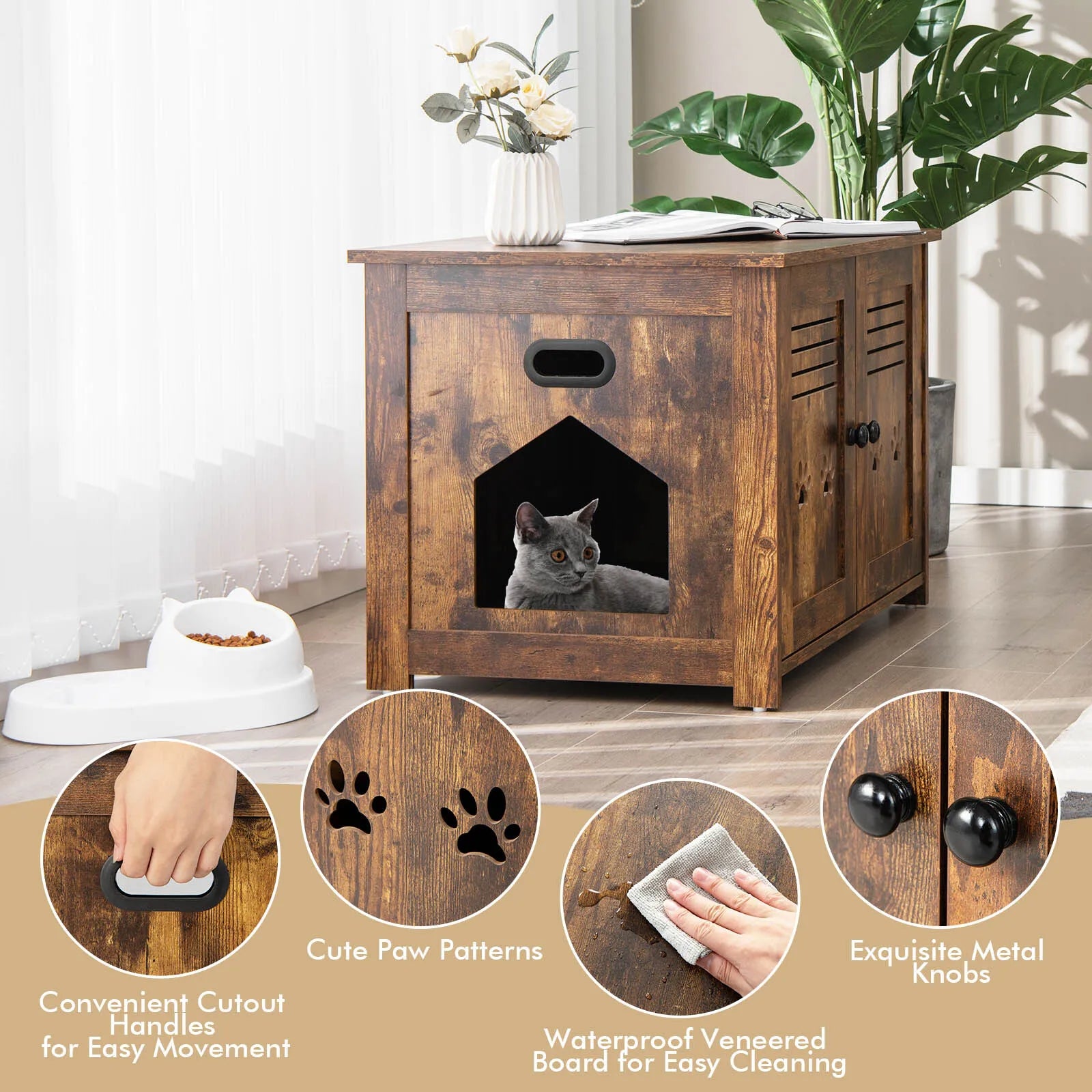 Mueble arenero para gatos, cueva para gatos con 2 puertas y entrada, casita arenero para gatos, caja para mascotas, transportín vintage marrón