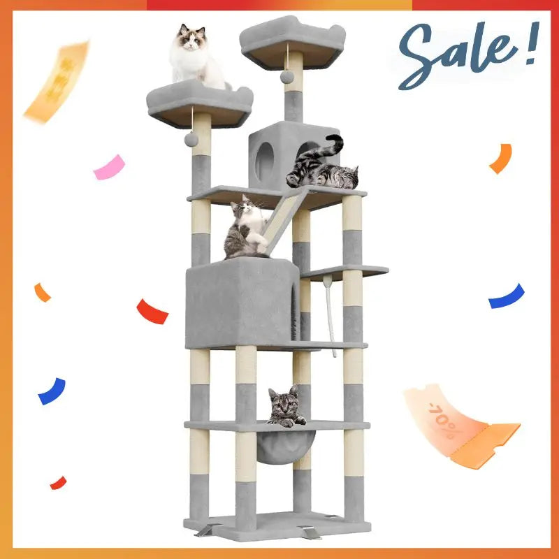 Árbol para gatos Oak & Tea XXL de 208 cm con rascador, hamaca y tabla rascadora. Seguro para gatos grandes.