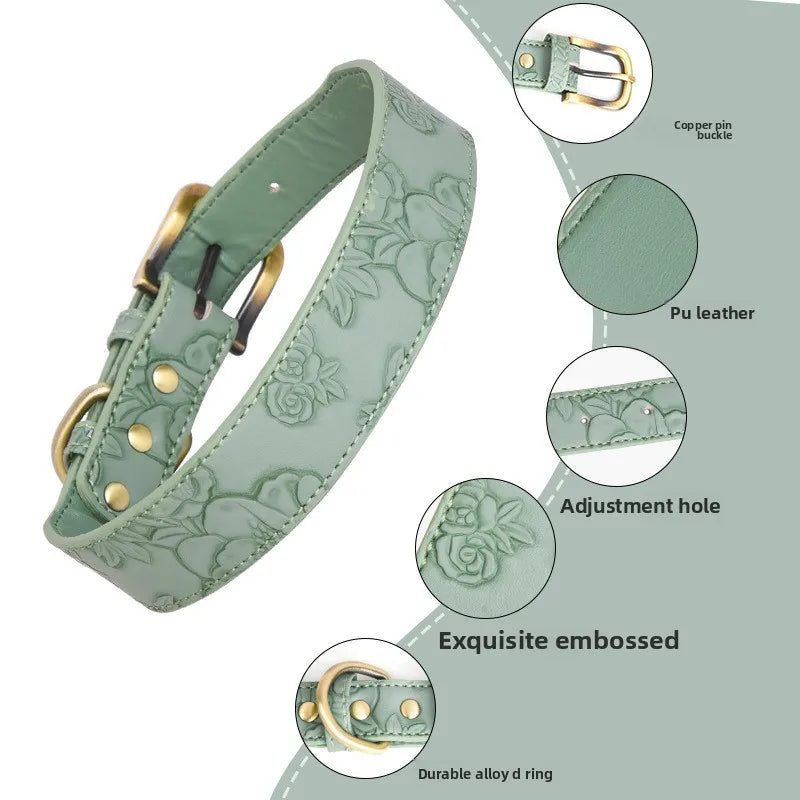 Collar para perro con estampado floral, de cuero repujado, estilo retro, tallas mediana y grande.