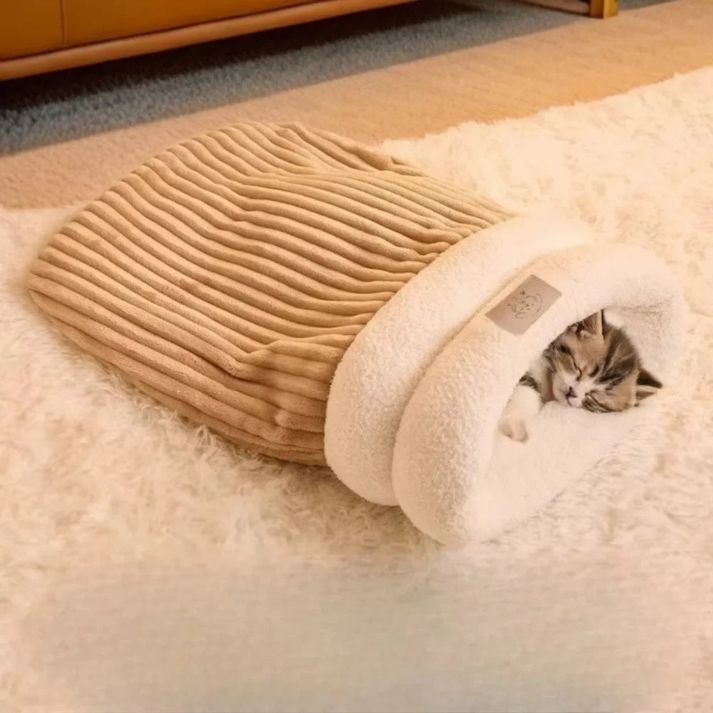 Saco de dormir para mascotas, cómodo y flexible, casita para gatos y cachorros, cálido en invierno, suave y afelpado, semicerrado y resistente al viento.