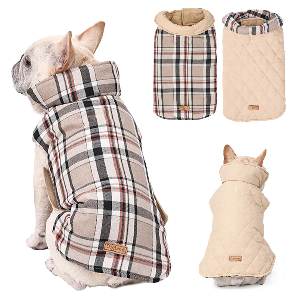 Chaqueta reversible para perro, ropa de invierno impermeable a cuadros, abrigo acolchado suave para perros pequeños y grandes, chaleco cálido para mascotas, Bulldog Francés