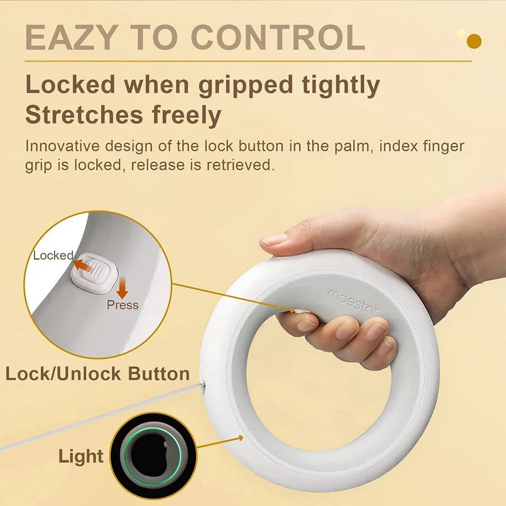 Correa retráctil Moestar tipo OVNI para mascotas con luz LED, ideal para paseos nocturnos. Correa inteligente manos libres anti-choque, color gris.