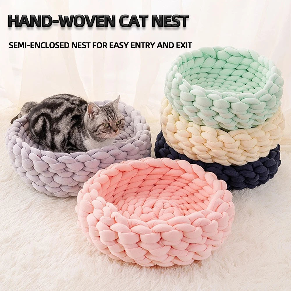 Nido para mascotas Weave Pet Nest, caseta para perros de tejido grueso, diámetro de 30 a 60 cm, cálida, desmontable, lavable, redonda, para gatos, disponible en todas las estaciones.
