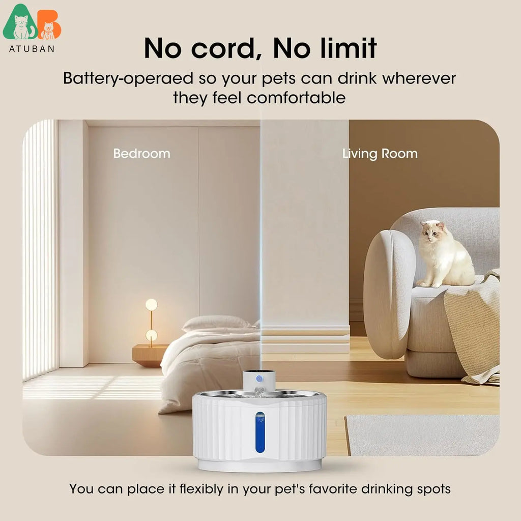 Bebedero inalámbrico para gatos ATUBAN, 2,8 L (95 oz), funciona con pilas, para mascotas, bebedero automático para perros, bomba silenciosa