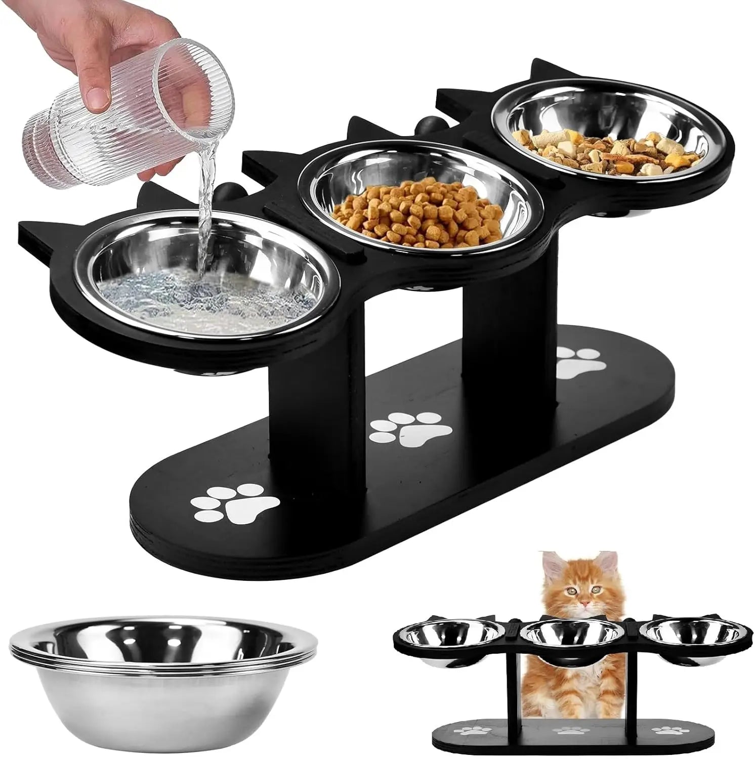 Comedero elevado para gatos, bebedero para gatos, juego de 3 comederos de acero inoxidable para gatos y perros pequeños.