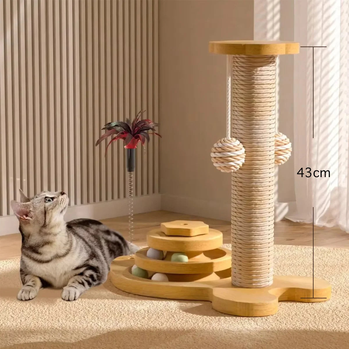 El rascador para gatos es resistente al desgaste y no suelta pelusa. La columna rascadora está hecha de cáñamo de sisal y se utilizan juguetes para gatos.