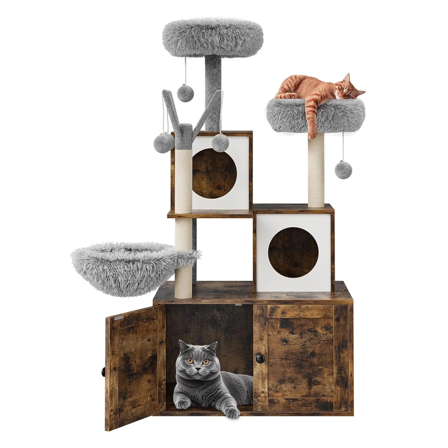 Recinto para caja de arena con torre y condominio para gatos, mueble oculto para baño de gatos con poste rascador de sisal y percha de felpa suave