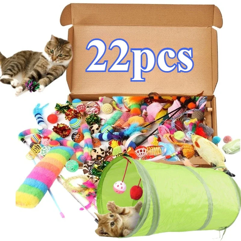 Set de 22 juguetes variados para gatitos: incluye palo, ratón de sisal, cascabel y pelota.