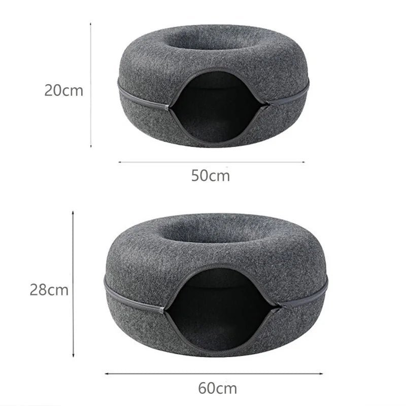 Cama para gatos con forma de donut para 2 gatos, túnel para gatos, juguetes interactivos para gatitos, nido tipo cueva de conejo de fieltro natural