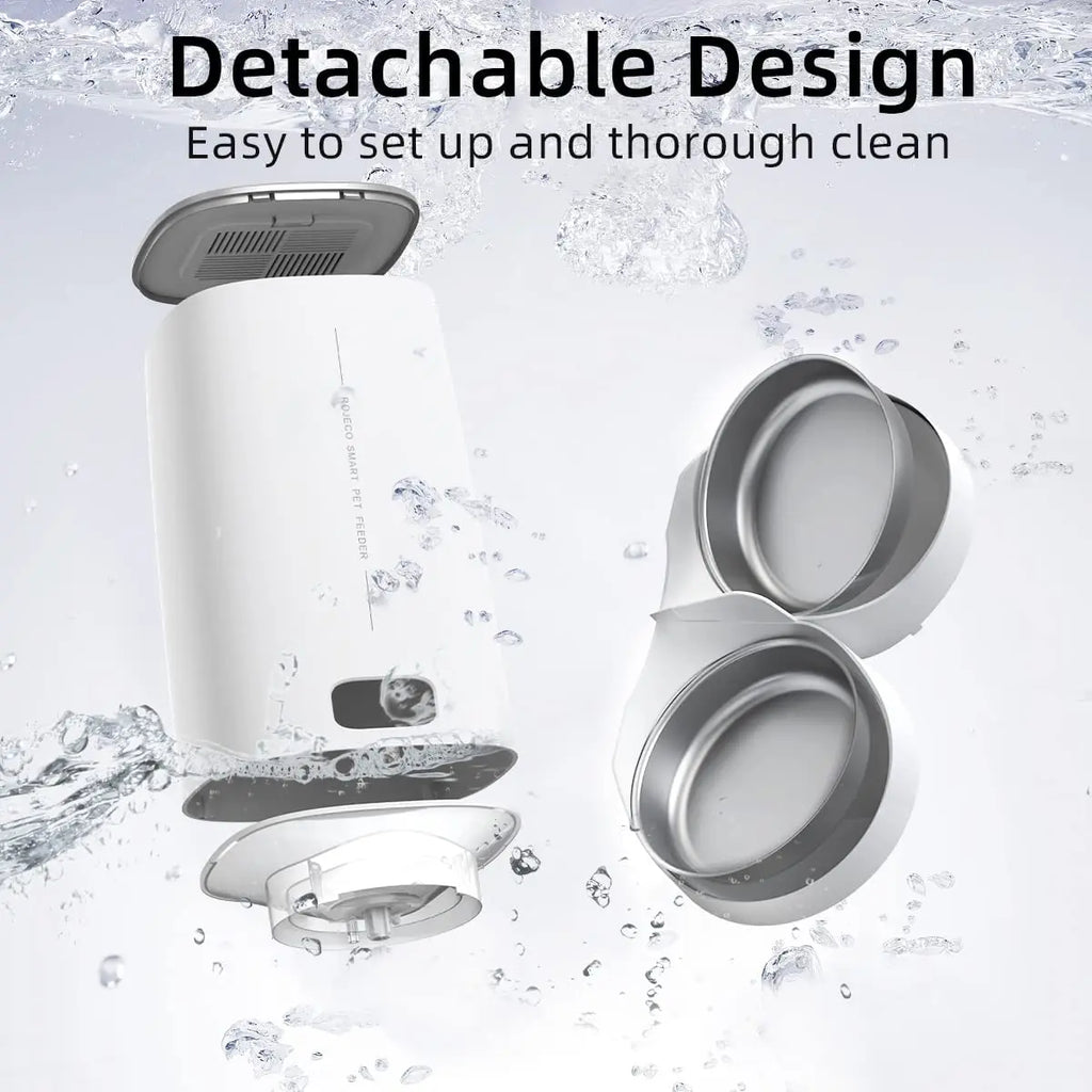 Comedero automático para gatos ROJECO, dispensador inteligente de croquetas con control remoto y botón WiFi. Compatible con gatos y perros.