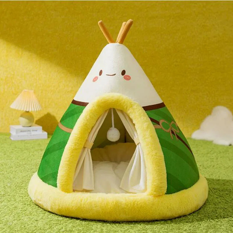 Tienda de campaña triangular tipo yurta para perros, cálida y a prueba de viento, para otoño e invierno, con osito de peluche