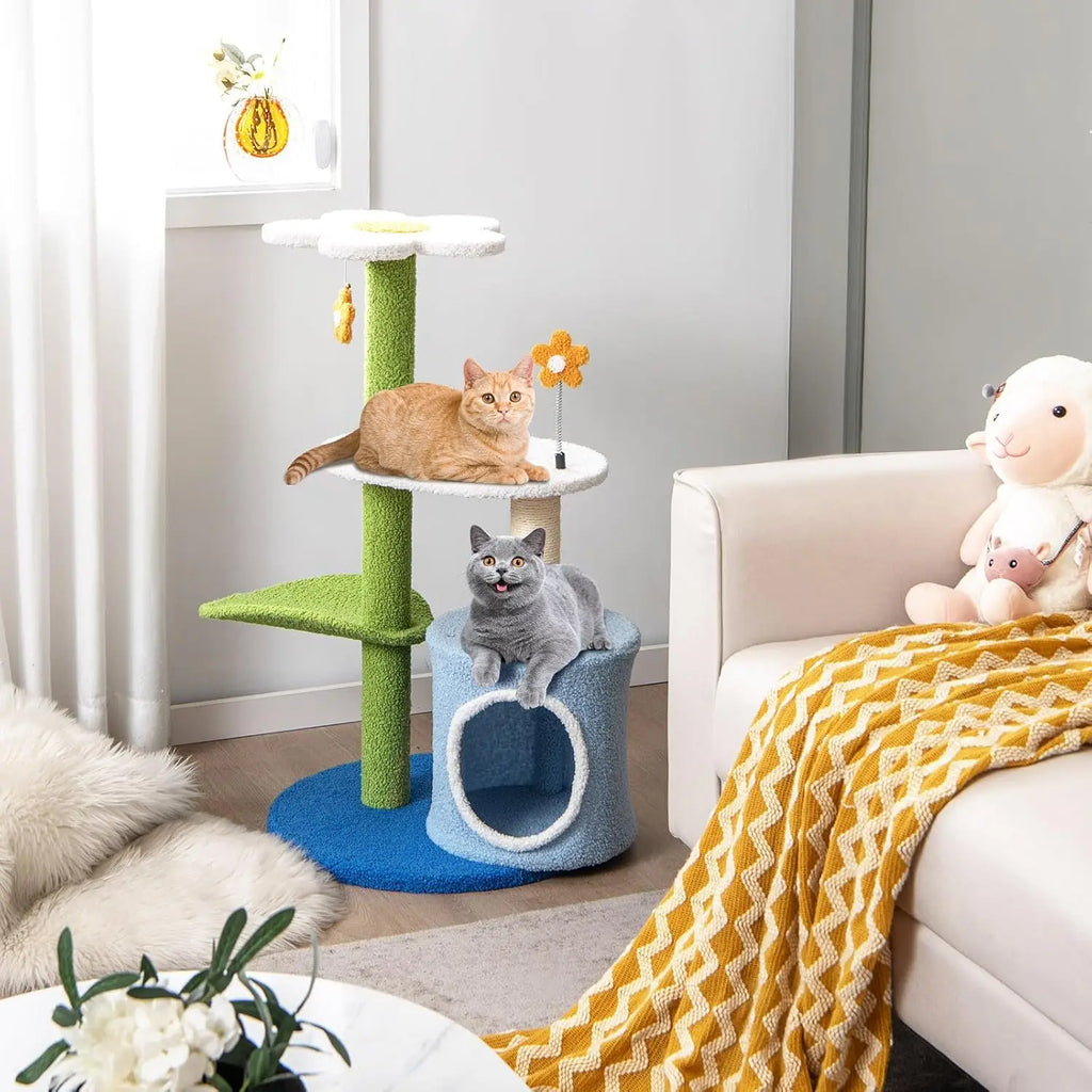Árbol para gatos de 87 cm con poste rascador de sisal, percha y nido de peluche acogedor, multicolor