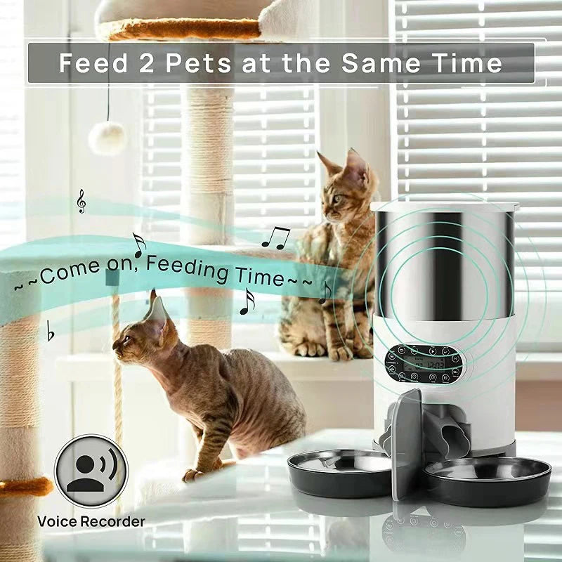 Comedero automático para gatos con temporizador y aplicación inteligente. Fabricado en acero inoxidable, doble ración de comida para mascotas. Dispensador automático con control remoto. Apto para gatos y perros.