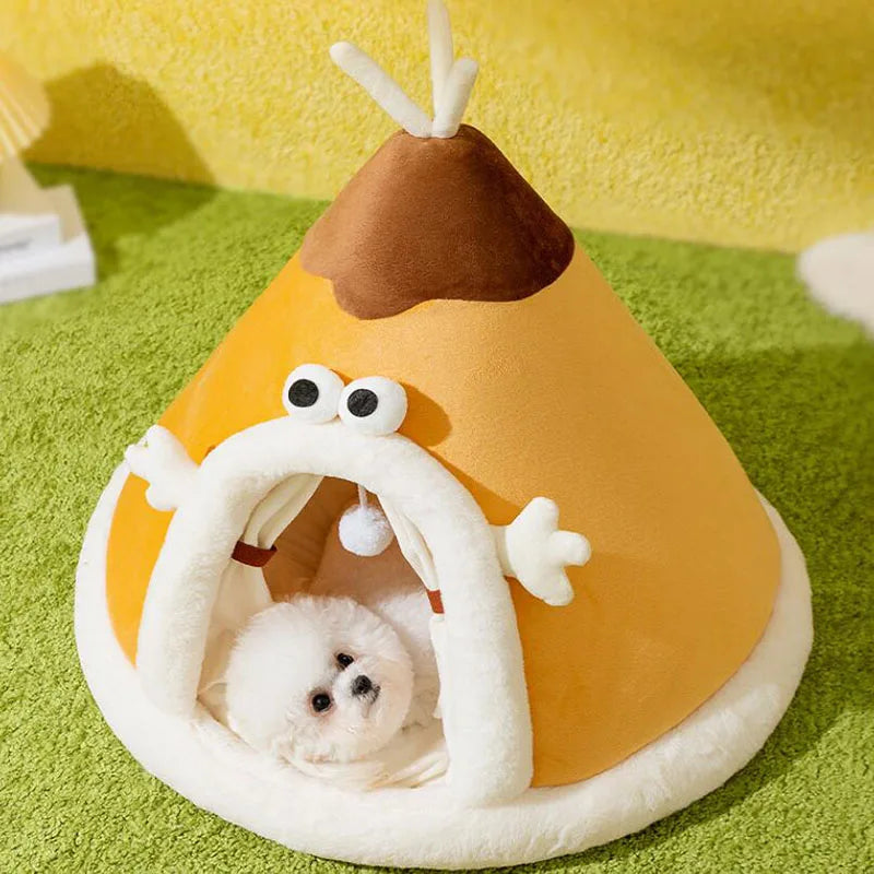 Tienda de campaña triangular tipo yurta para perros, cálida y a prueba de viento, para otoño e invierno, con osito de peluche