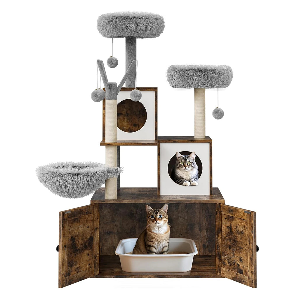 Recinto para caja de arena con torre y condominio para gatos, mueble oculto para baño de gatos con poste rascador de sisal y percha de felpa suave