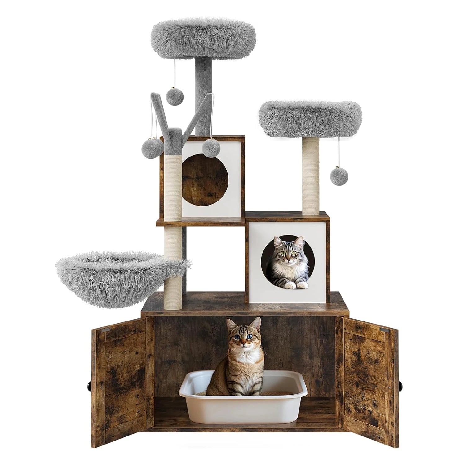 Recinto para caja de arena con torre y condominio para gatos, mueble oculto para baño de gatos con poste rascador de sisal y percha de felpa suave