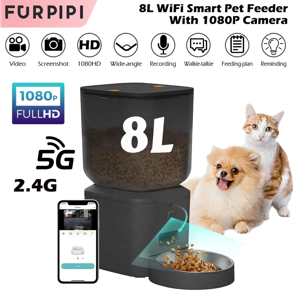 Dispensador automático de comida para gatos de 8 litros con cámara de vídeo 1080p, WiFi 5G, grabadora de voz inteligente para mascotas y aplicación Tuya.
