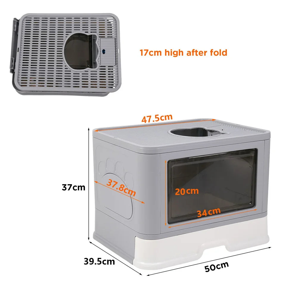 Bandeja de arena para gatos grande con tapa, tipo cajón, inodoro para gatos con entrada superior, antisalpicaduras, cerrado, con pala recogedora de pelo.