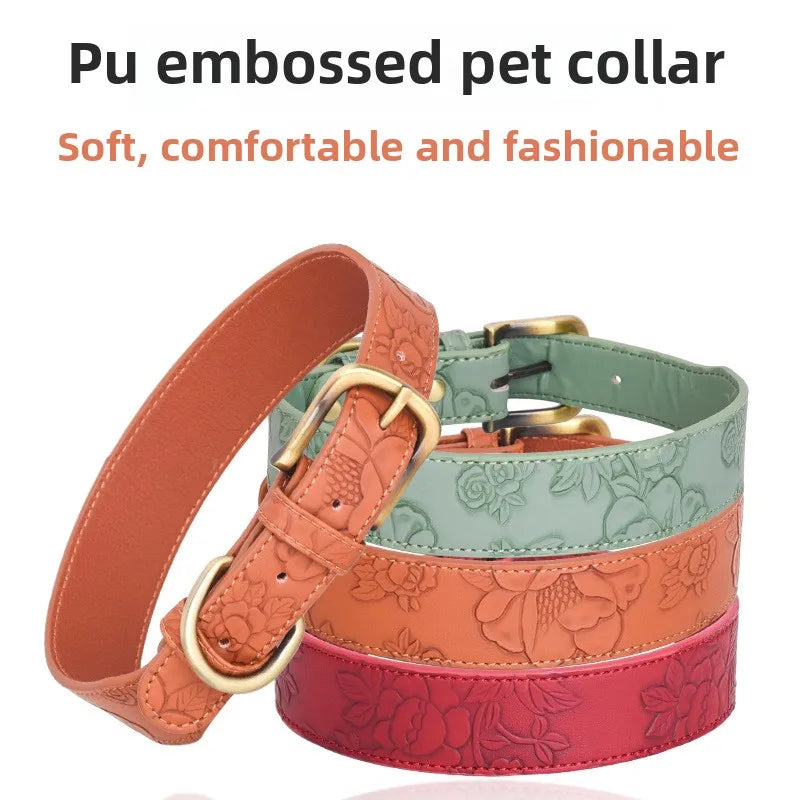 Collar para perro con estampado floral, de cuero repujado, estilo retro, tallas mediana y grande.