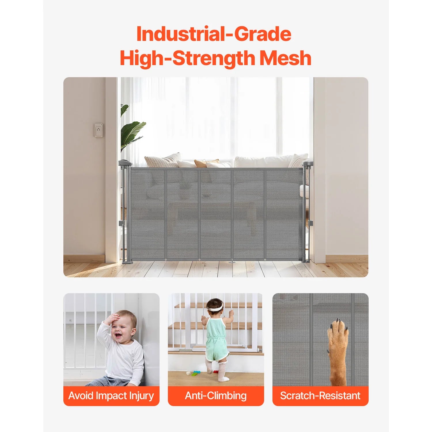 Puerta de seguridad retráctil SucceBuy de 55/71/110 pulgadas, 34 pulgadas de alto, se extiende ampliamente, ideal para niños y mascotas. Material de malla. Fácil de instalar.