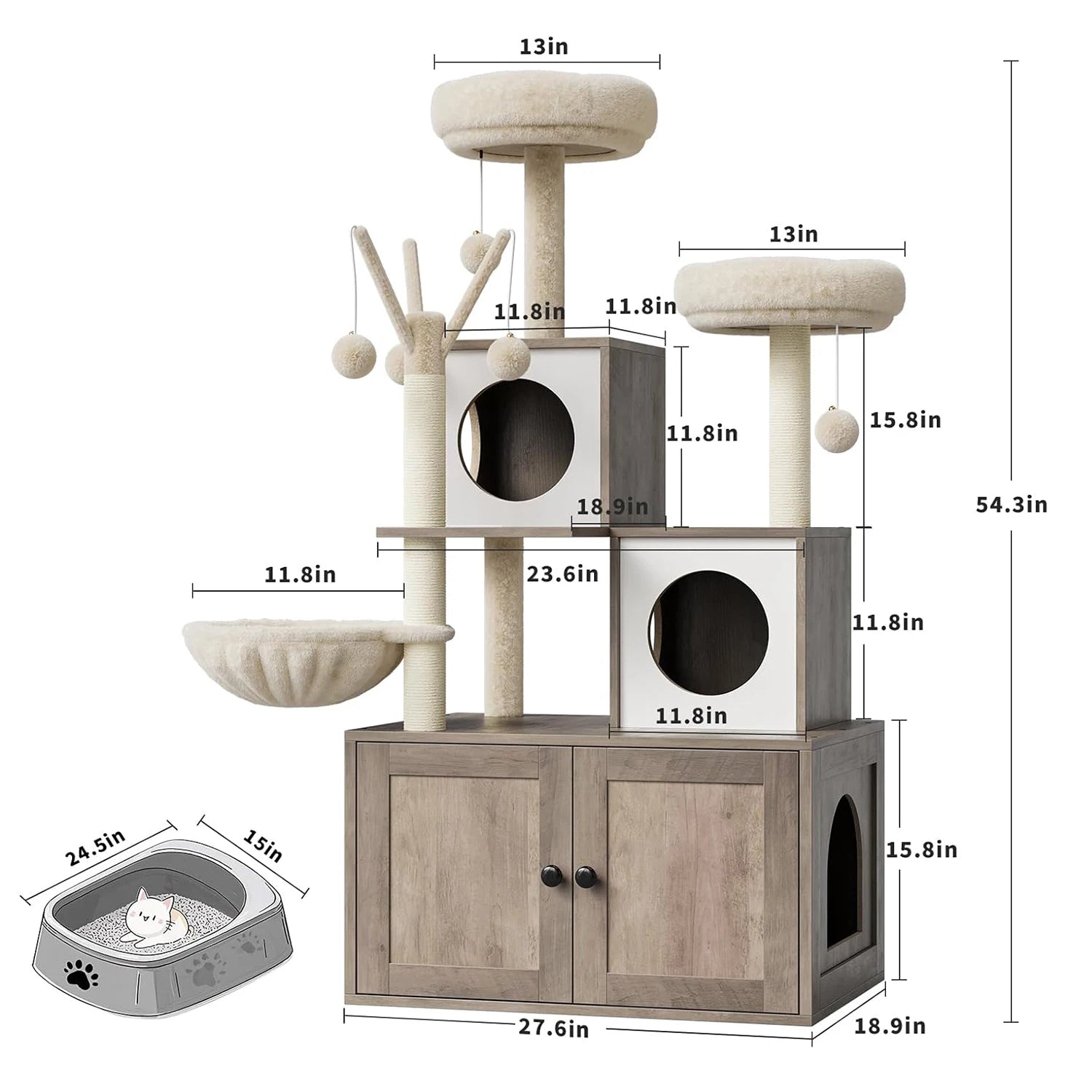 Recinto para caja de arena con torre y condominio para gatos, mueble oculto para baño de gatos con poste rascador de sisal y percha de felpa suave