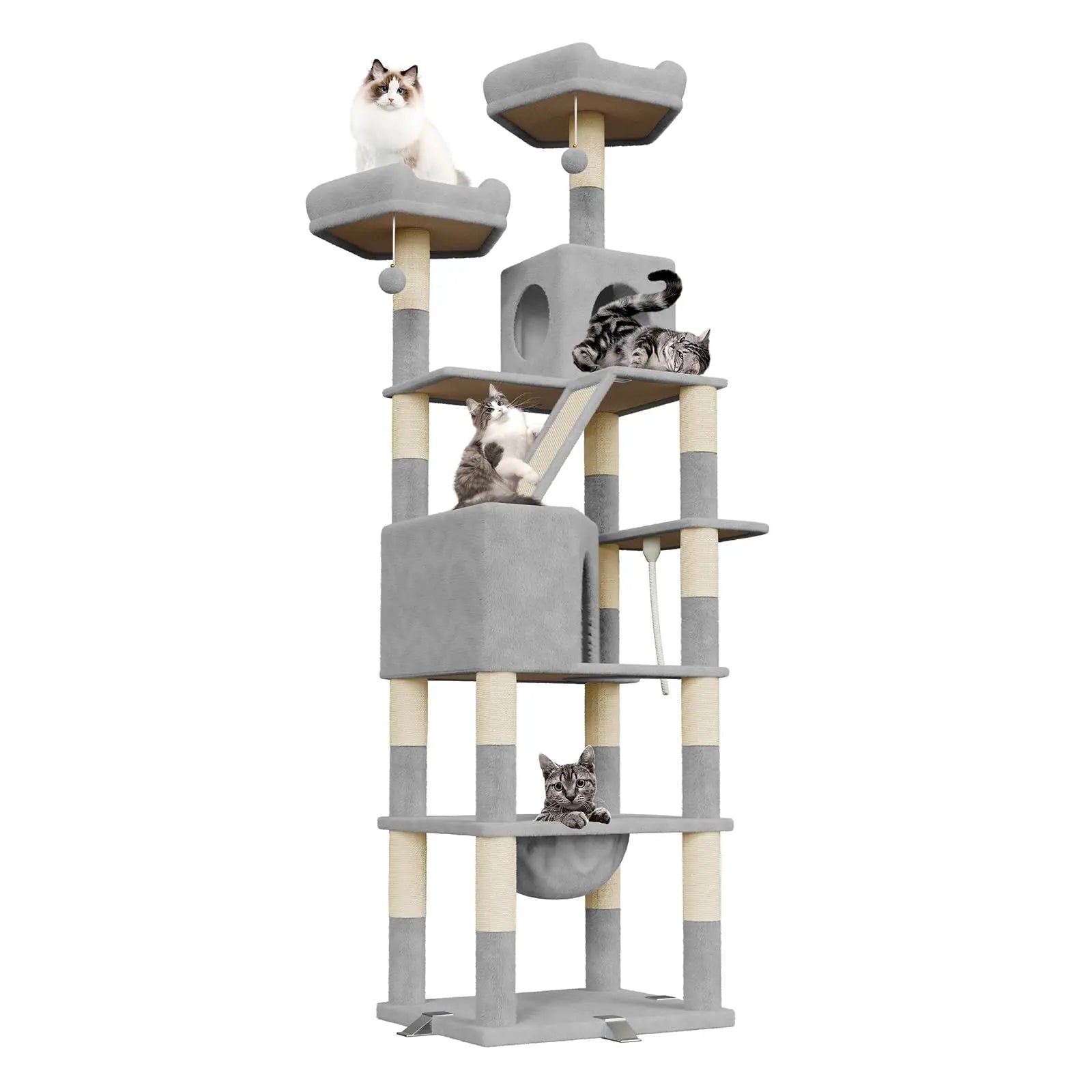 Árbol para gatos Oak & Tea XXL de 208 cm con rascador, hamaca y tabla rascadora. Seguro para gatos grandes.