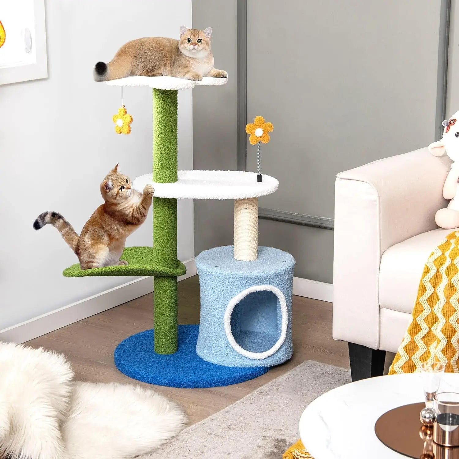 Árbol para gatos de 87 cm con poste rascador de sisal, percha y nido de peluche acogedor, multicolor