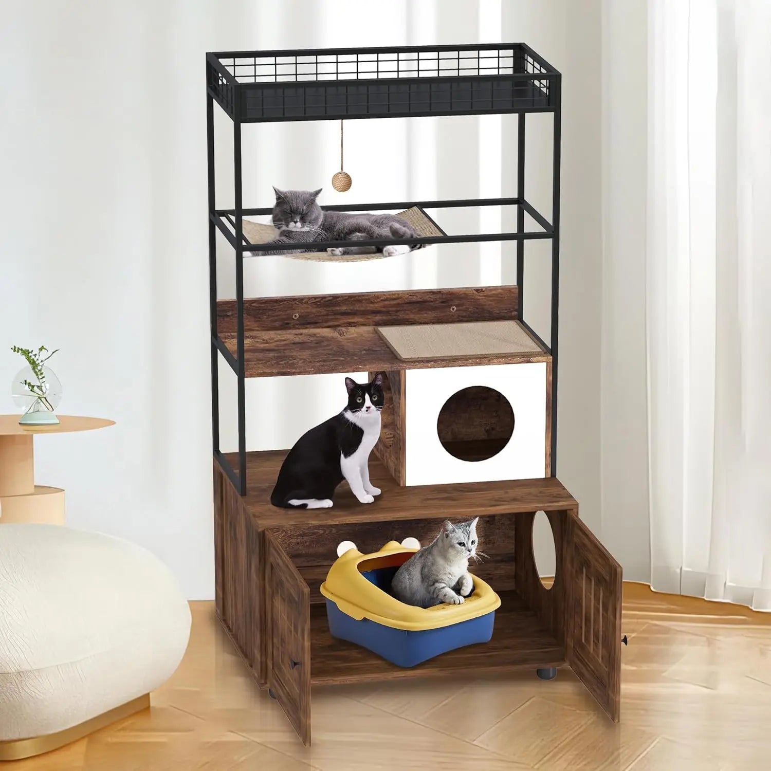 Mueble para gatos con arenero oculto, estructura metálica, armario tipo torre de madera, hamaca y rascador, recinto para arenero.