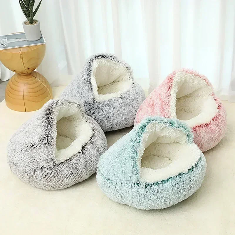 Casa para gatos de invierno, cama de felpa para mascotas, cojín redondo para gatos, grueso y cálido