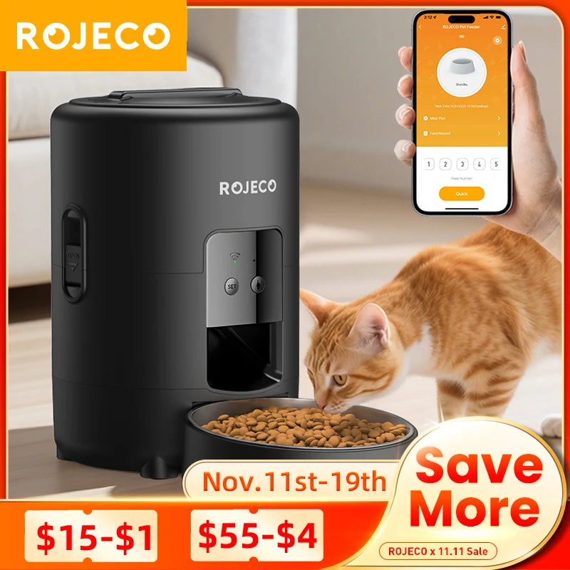 Comedero automático ROJECO para mascotas, dispensador inteligente de croquetas para gatos de 2 litros con control remoto por aplicación Wi-Fi. También sirve como comedero automático para perros y gatos.